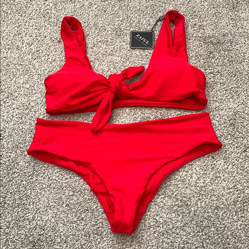 Zaful Red Sporty Tie-Front Bikini